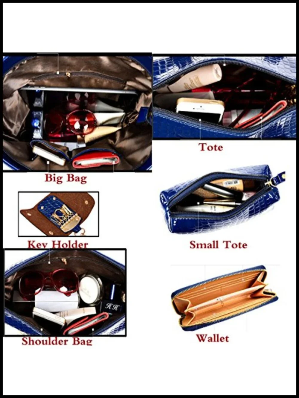 6 Pc Handbag Set Clutches Totes Satchels Crossbody Wallet Polyester PU Leather